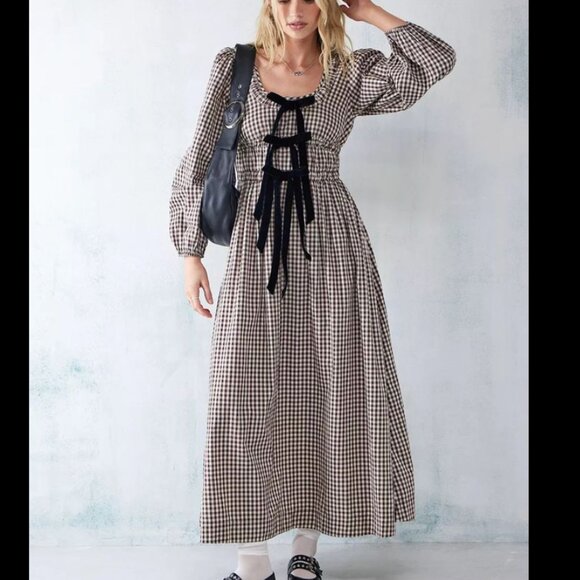 Damson Madder Dakota Bow Checked Cotton Midi Dress Size UK 12 / US 8 - Picture 3 of 9